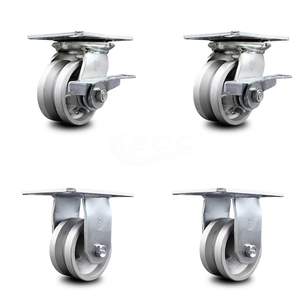 4 Inch V Groove Semi Steel Caster Set with Ball Bearing 2 Brakes and 2 Rigid SCC